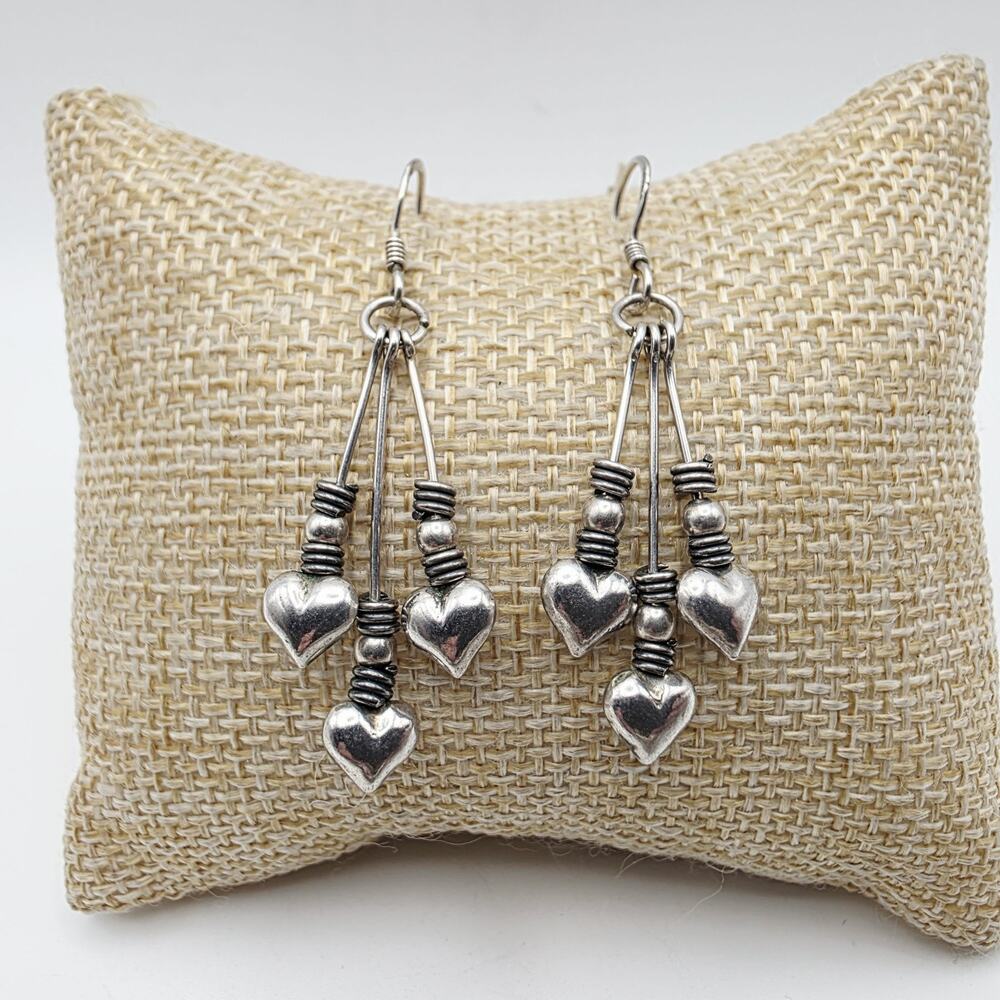Sterling Silver Dangle Triple Heart Earrings Puffy Design Light Weight